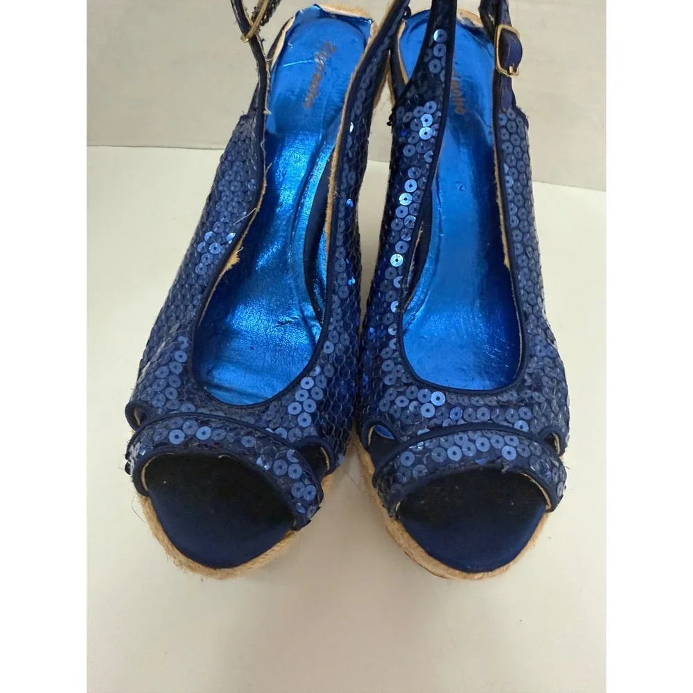 Zigisoho Blue Sequin Espadrille Wedge Sandals Slingback Peep Toe Platform Shoes